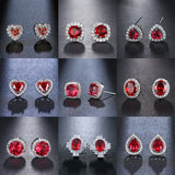 Ruby Red Stone CZ Silver Stud Earrings Wedding Jewelry Gift
