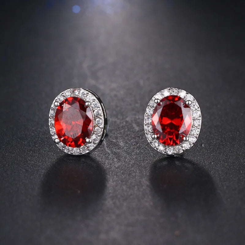 Ruby Red Stone CZ Silver Stud Earrings Wedding Jewelry Gift