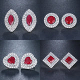 Ruby Red Stone CZ Silver Stud Earrings Wedding Jewelry Gift