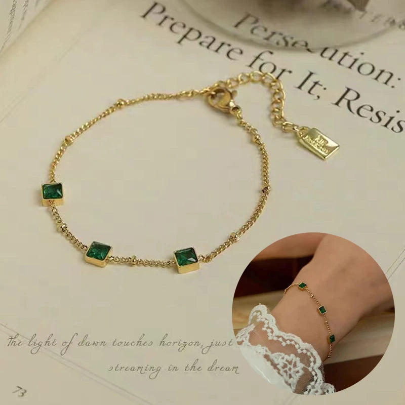 JMK INS Green Zircon Necklace Stainless steel Women Jewelry Sets
