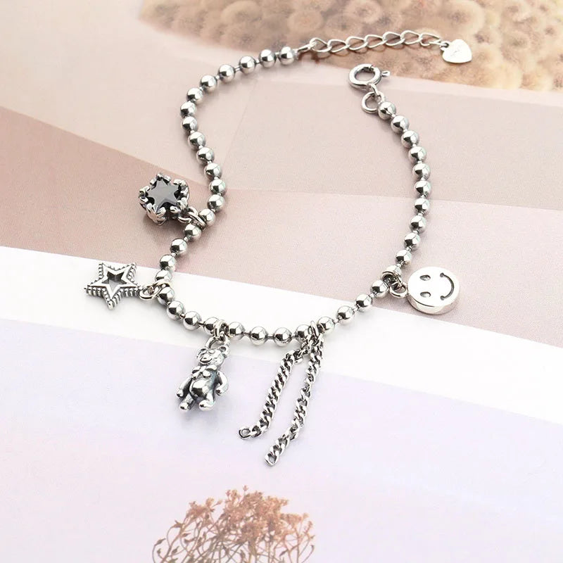 925 Silver Bear Star Tassel Bracelet, Party Jewelry Gift