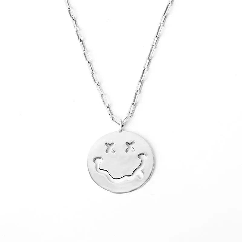 925 Silver Double Lines Smile Face Pendant Necklace