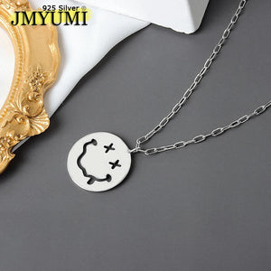 925 Silver Double Lines Smile Face Pendant Necklace