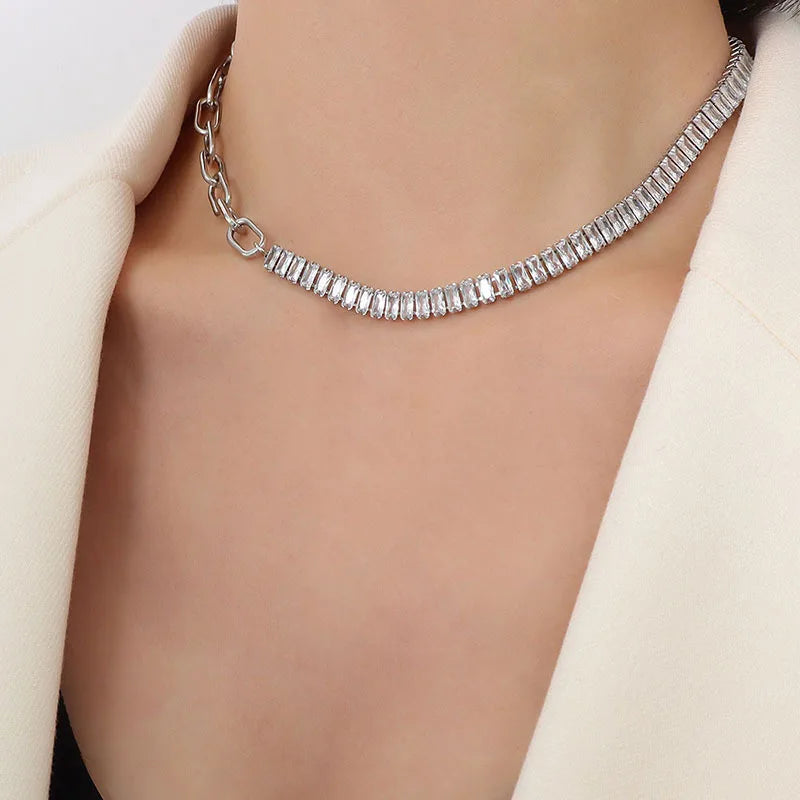 Stainless Steel Crystal Pave Necklace