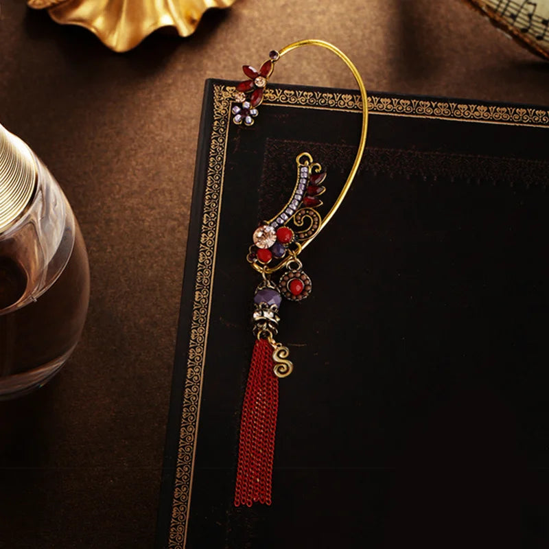 Vintage Crystal Flower Tassel Earrings Boho Earcuff for Women
