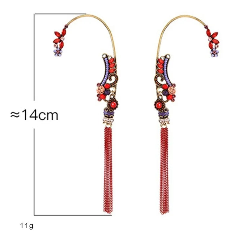 Vintage Crystal Flower Tassel Earrings Boho Earcuff for Women