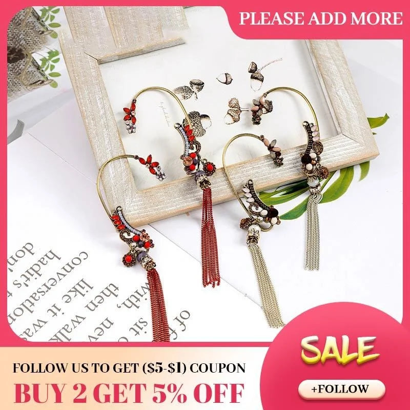 Vintage Crystal Flower Tassel Earrings Boho Earcuff for Women