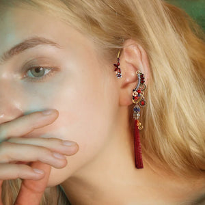 Vintage Crystal Flower Tassel Earrings Boho Earcuff for Women