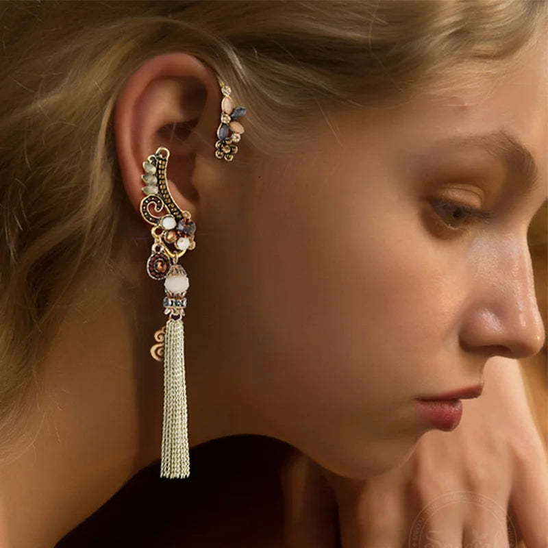 Vintage Crystal Flower Tassel Earrings Boho Earcuff for Women