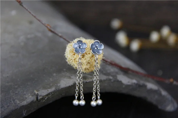 925 Silver Sakura Flower Tassel Dangle Earrings Vintage Thai Drop Earrings