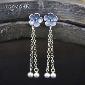 925 Silver Sakura Flower Tassel Dangle Earrings Vintage Thai Drop Earrings