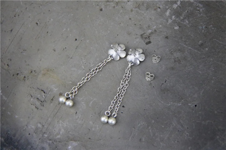925 Silver Sakura Flower Tassel Dangle Earrings Vintage Thai Drop Earrings