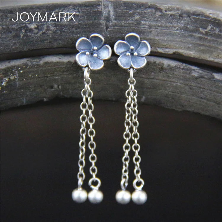 925 Silver Sakura Flower Tassel Dangle Earrings Vintage Thai Drop Earrings