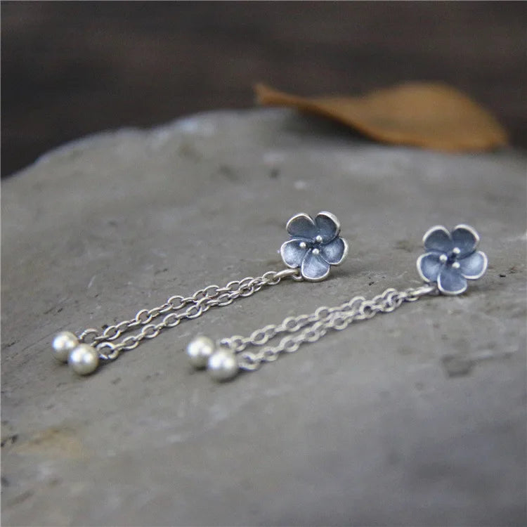 925 Silver Sakura Flower Tassel Dangle Earrings Vintage Thai Drop Earrings