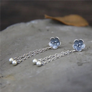 925 Silver Sakura Flower Tassel Dangle Earrings Vintage Thai Drop Earrings