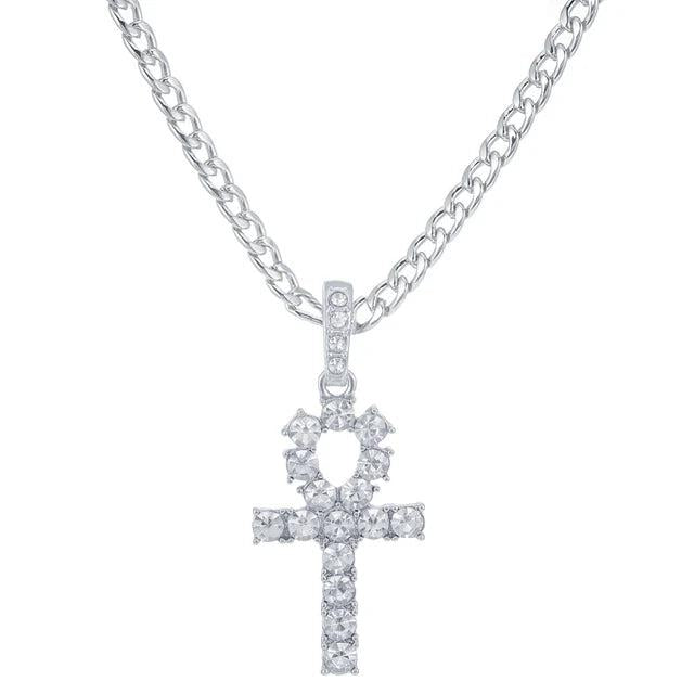 Iced Out Ankh Cross Pendant Tennis Chain CZ Rhinestone Hip Hop Jewelry