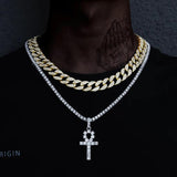 Iced Out Ankh Cross Pendant Tennis Chain CZ Rhinestone Hip Hop Jewelry
