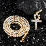 Iced Out Ankh Cross Pendant Tennis Chain CZ Rhinestone Hip Hop Jewelry