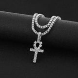 Iced Out Ankh Cross Pendant Tennis Chain CZ Rhinestone Hip Hop Jewelry