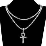 Iced Out Ankh Cross Pendant Tennis Chain CZ Rhinestone Hip Hop Jewelry