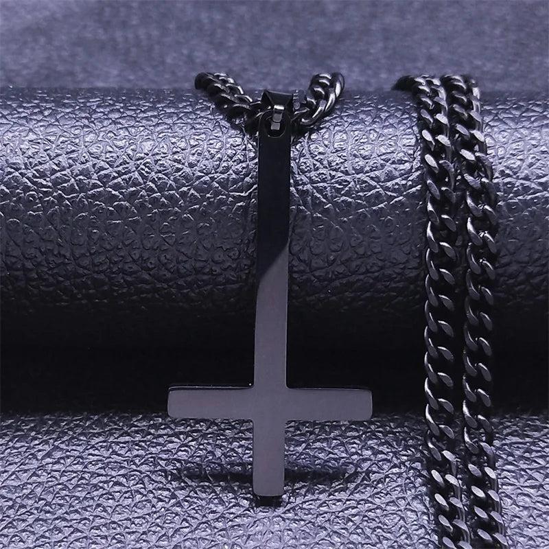Inverted Cross Choker Necklace Men Stainless Steel Upside Down Cross