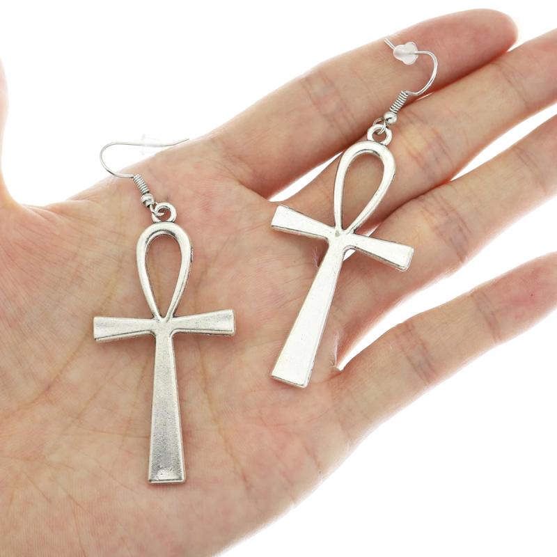 Vintage Silver Plated Ankh Cross Pendant Long Chain Necklace