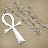 Vintage Silver Plated Ankh Cross Pendant Long Chain Necklace