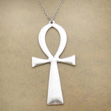 Vintage Silver Plated Ankh Cross Pendant Long Chain Necklace