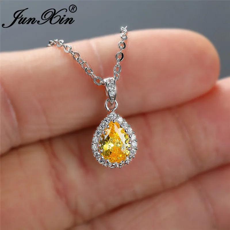Multicolor Crystal Water Drop Stone Pendant Green Red Zircon Necklaces For Women