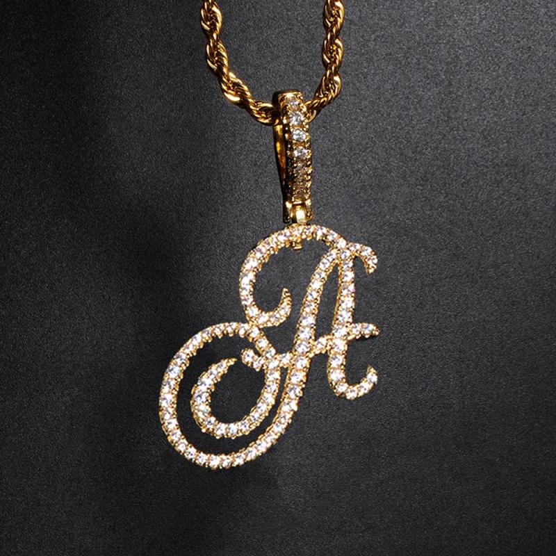 Cursive Name Pendant Necklace Iced Out Cubic Zircon Silver Charm