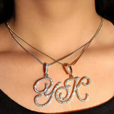 Cursive Initial Letters Pendant Necklace Silver Rhinestone Chain Jewelry