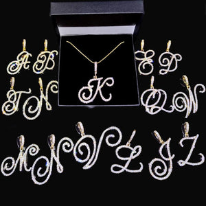 Cursive Initial Letters Pendant Necklace Silver Rhinestone Chain Jewelry
