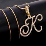 Cursive Initial Letters Pendant Necklace Silver Rhinestone Chain Jewelry