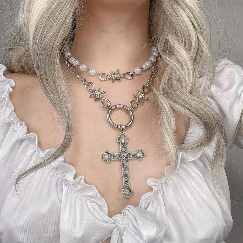 Pearl Cross Pendant Necklace For Women Hip Hop Sweet Metal Multi-layer Jewelry