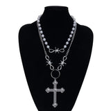 Pearl Cross Pendant Necklace For Women Hip Hop Sweet Metal Multi-layer Jewelry