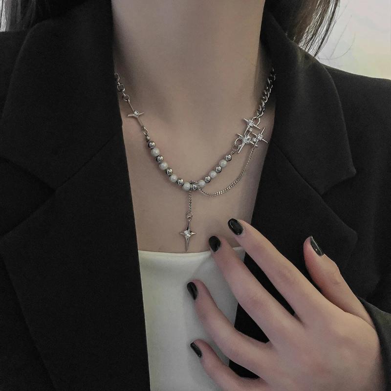 Female Stainless Steel Necklace Hip-hop Cross Star Pearl Stitching