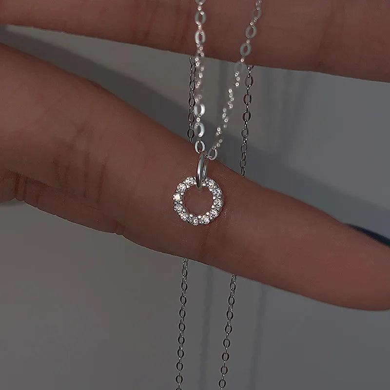 925 Silver Necklace Geometric Double Circle Pendant