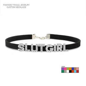 Rhinestone Letter Slut Girl Necklace Bad Word Choker Leather Cosplay