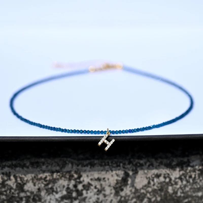 Crystal Beads Letter Choker Necklace Stainless Steel Chain Pendant