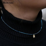 Crystal Beads Letter Choker Necklace Stainless Steel Chain Pendant