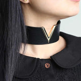 V Metal Oversized Choker Leather Collar Bondage Harness Necklace