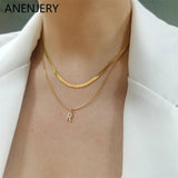 316L Stainless Steel Letter Necklace Punk Blade Chain Double Layer Zircon
