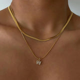 316L Stainless Steel Letter Necklace Punk Blade Chain Double Layer Zircon