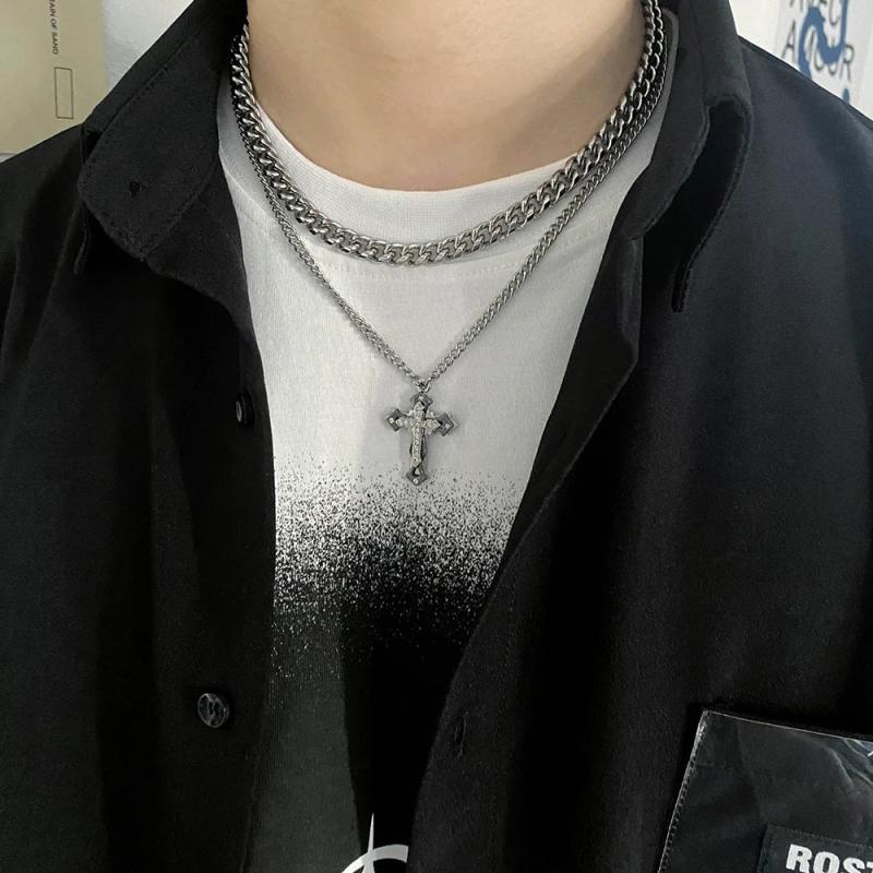 Double Layer Cuban Chain Cross Pendant Necklace Silver Punk Hip hop Men