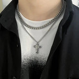 Double Layer Cuban Chain Cross Pendant Necklace Silver Punk Hip hop Men