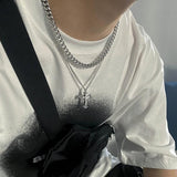 Double Layer Cuban Chain Cross Pendant Necklace Silver Punk Hip hop Men
