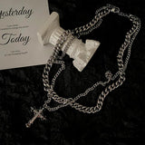 Double Layer Cuban Chain Cross Pendant Necklace Silver Punk Hip hop Men