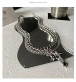 Double Layer Cuban Chain Cross Pendant Necklace Silver Punk Hip hop Men