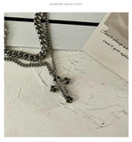 Double Layer Cuban Chain Cross Pendant Necklace Silver Punk Hip hop Men