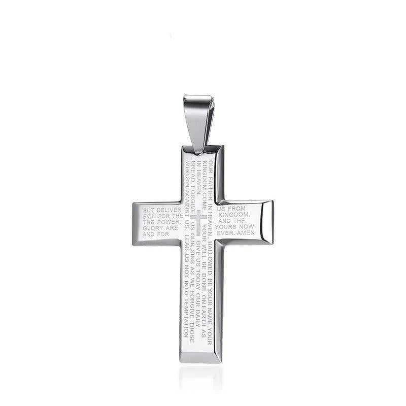 Christian Crucifix Men's Necklace Stainless Steel Lords Prayer Cross Pendant